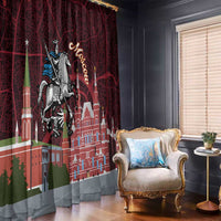 Red Moscow skyline window curtain panel with knight graphic, towers, and gray hem