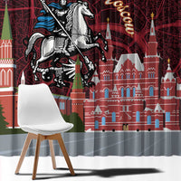 Red Moscow skyline window curtain with detailed knight and castle buildings design