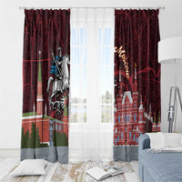 Red Moscow skyline window curtain panels with knight graphic and castle skyline, gray hem