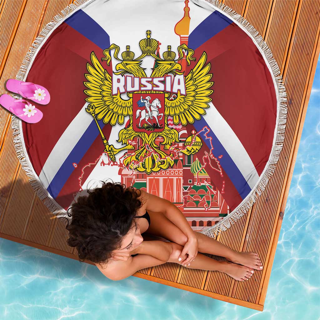Round beach blanket with fringe showing Russia coat of arms on red, white, and blue stripes.
