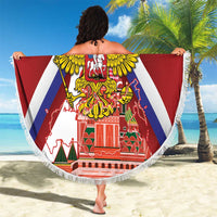 Round beach blanket with fringe, Russia coat of arms and cathedral scene on red and blue.
