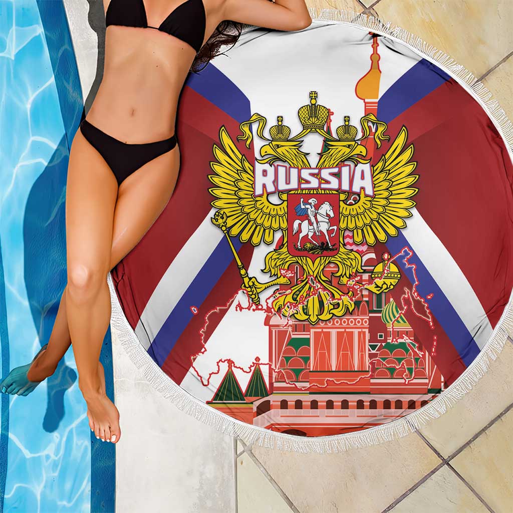 Round beach blanket with fringe, red white blue Russia crest centered with “RUSSIA” text.