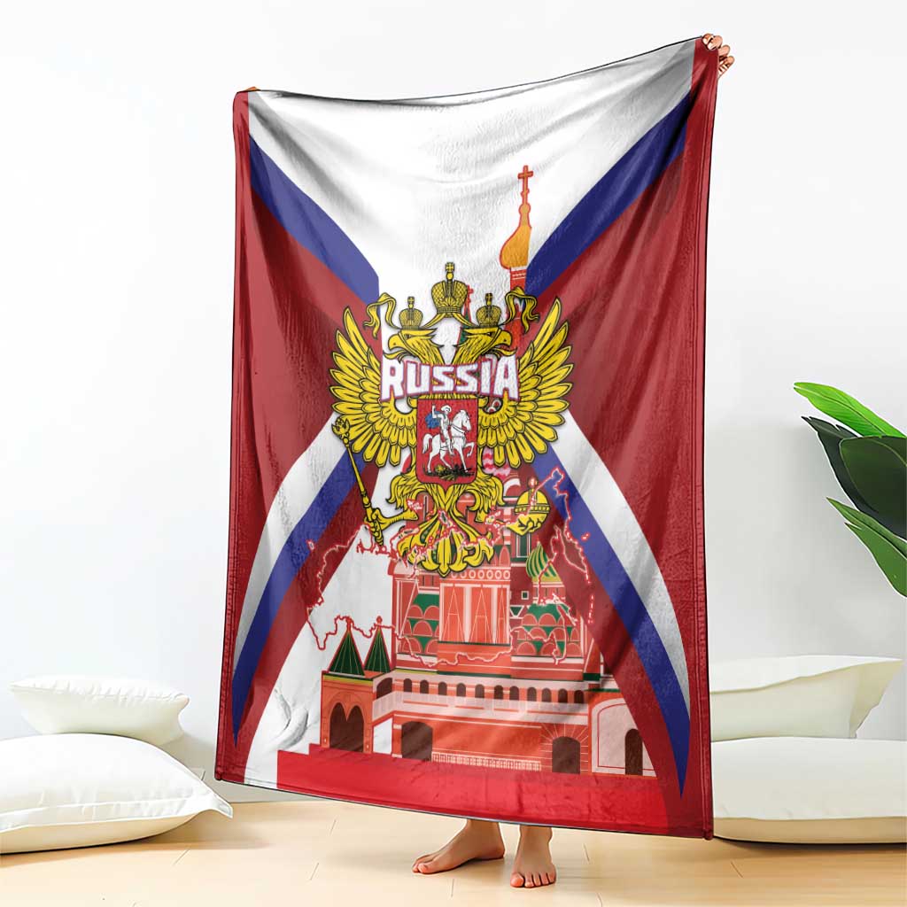 Red-and-white blanket with Russia coat of arms and St Basil cathedral, hanging display