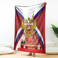 Red-and-white blanket with Russia coat of arms and St Basil cathedral, hanging display