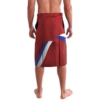 Red lava lava skirt back view with diagonal blue and white stripe