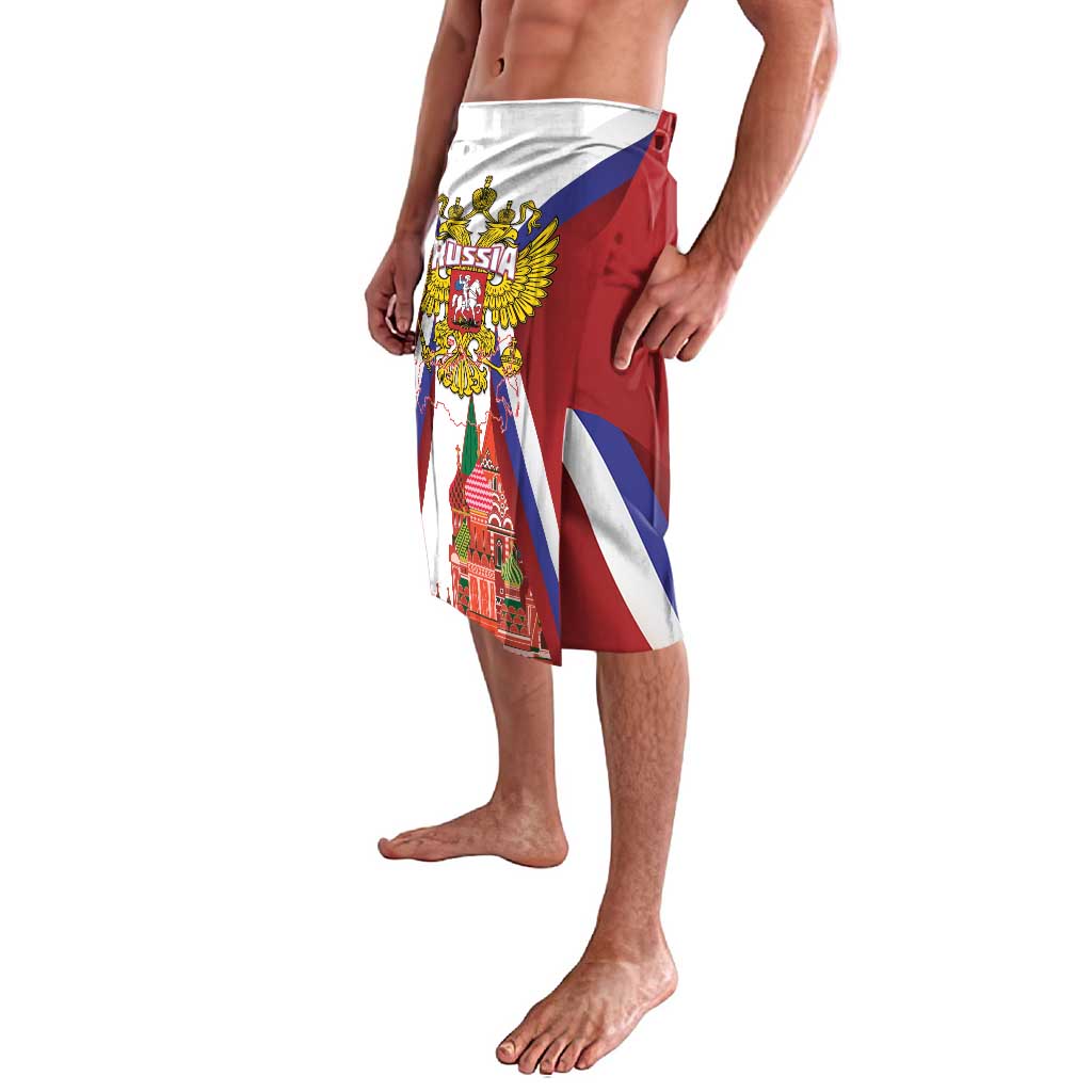 Red/white/blue lava lava skirt with Russia crest and St Basil cathedral print