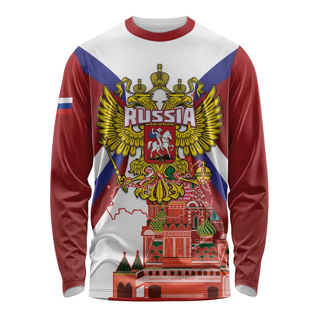 Unisex long sleeve shirt with red sleeves, white panel, Russia crest and cathedral graphic