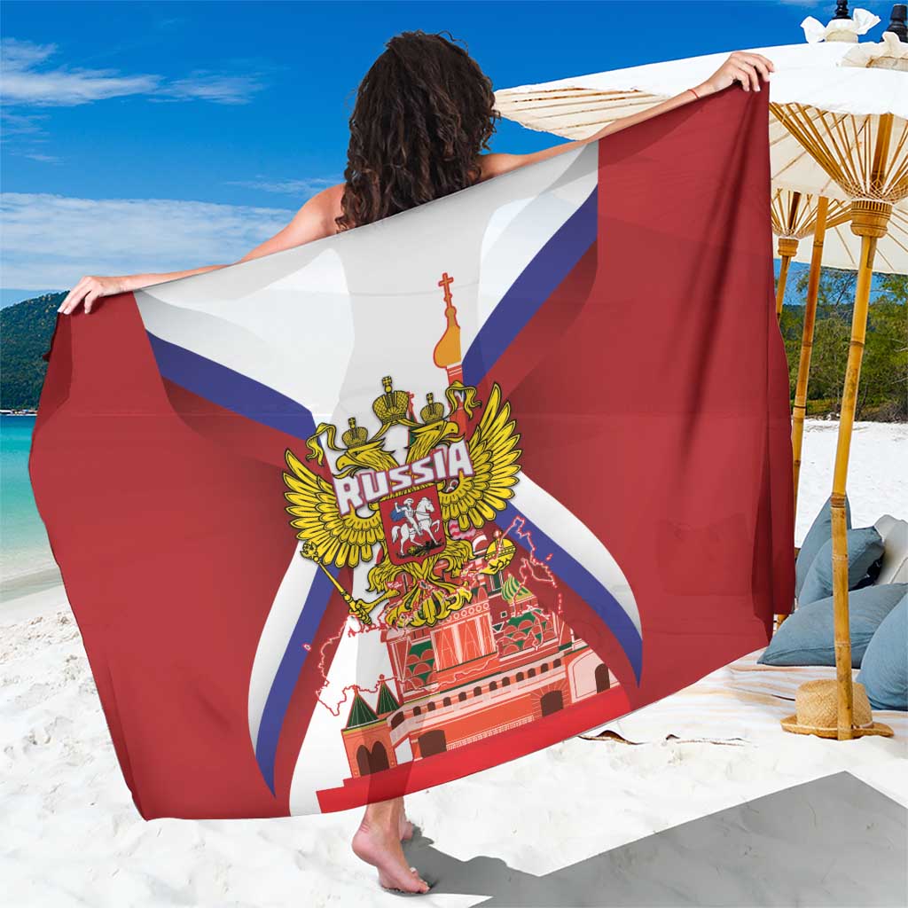 Red Russia-themed sarong coat with crest and flag stripes, Saint Basil's scene