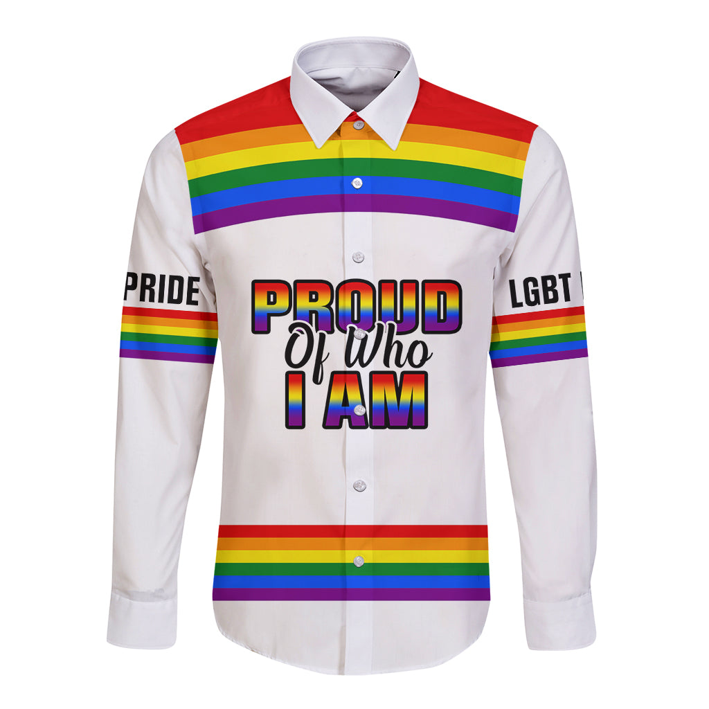 White long-sleeve button shirt with rainbow bands and Pride of Who I Am print
