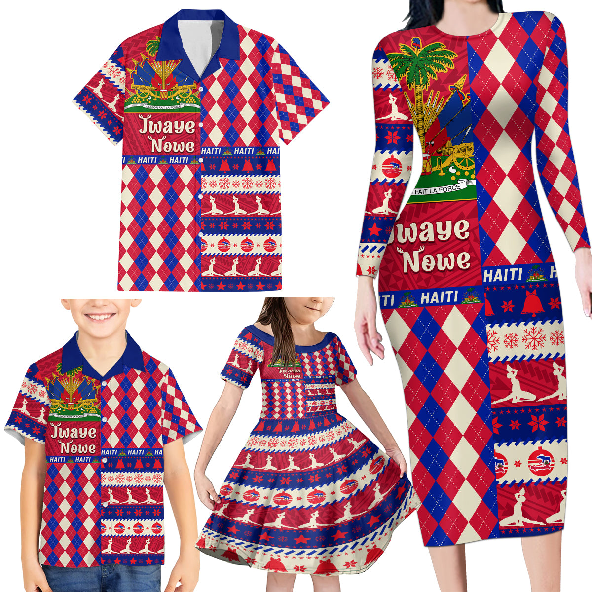 Haiti Christmas Family Matching Long Sleeve Bodycon Dress and Hawaiian Shirt Jwaye Nowe 2023 With Coat Of Arms - Wonder Print Shop