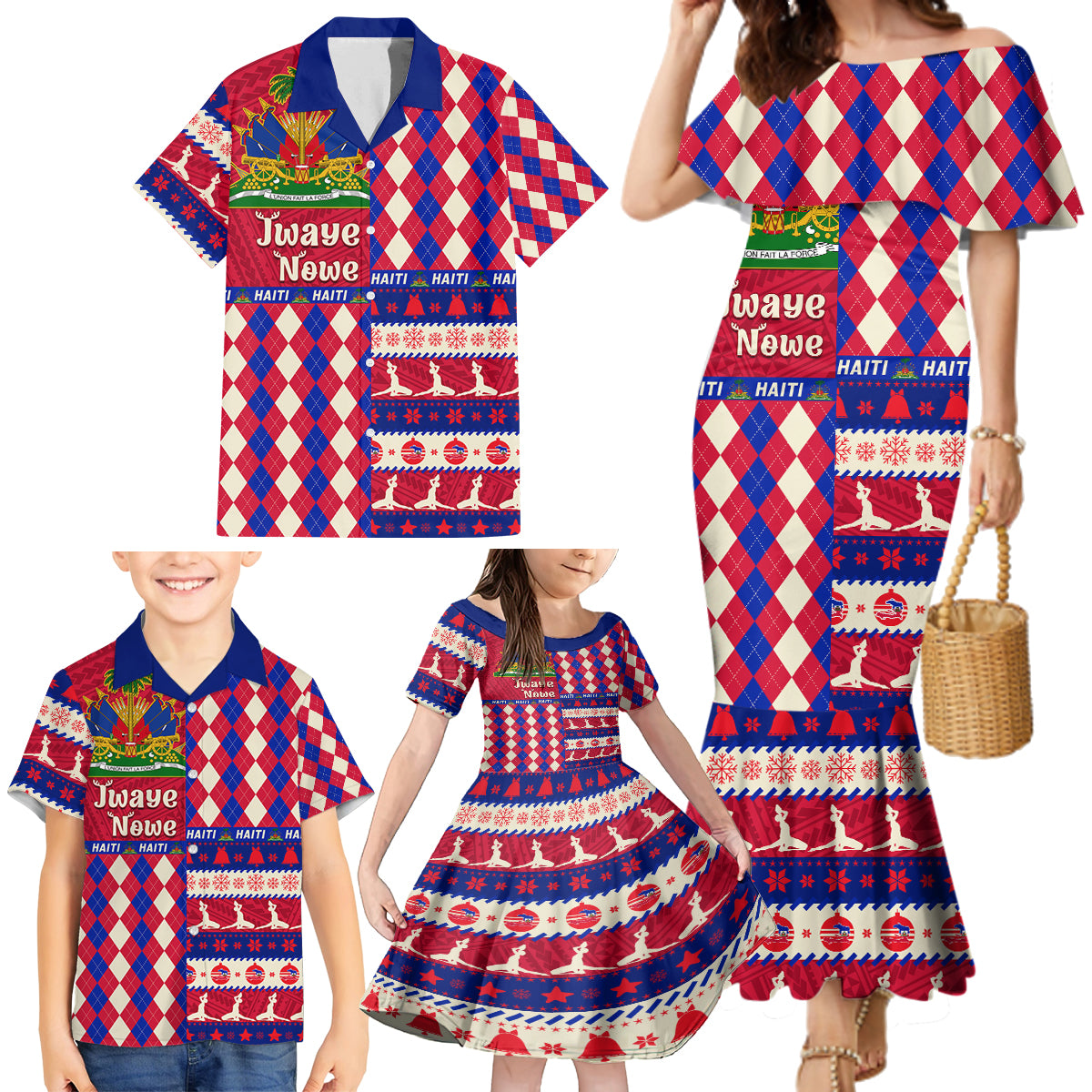 Haiti Christmas Family Matching Mermaid Dress and Hawaiian Shirt Jwaye Nowe 2023 With Coat Of Arms - Wonder Print Shop