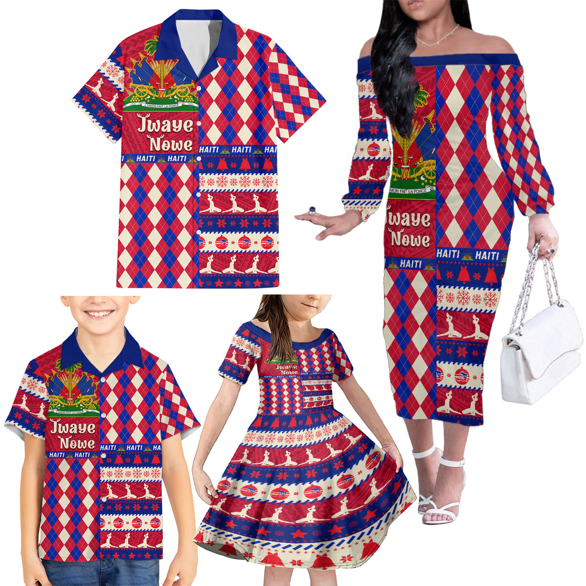 Haiti Christmas Family Matching Off Shoulder Long Sleeve Dress and Hawaiian Shirt Jwaye Nowe 2023 With Coat Of Arms - Wonder Print Shop