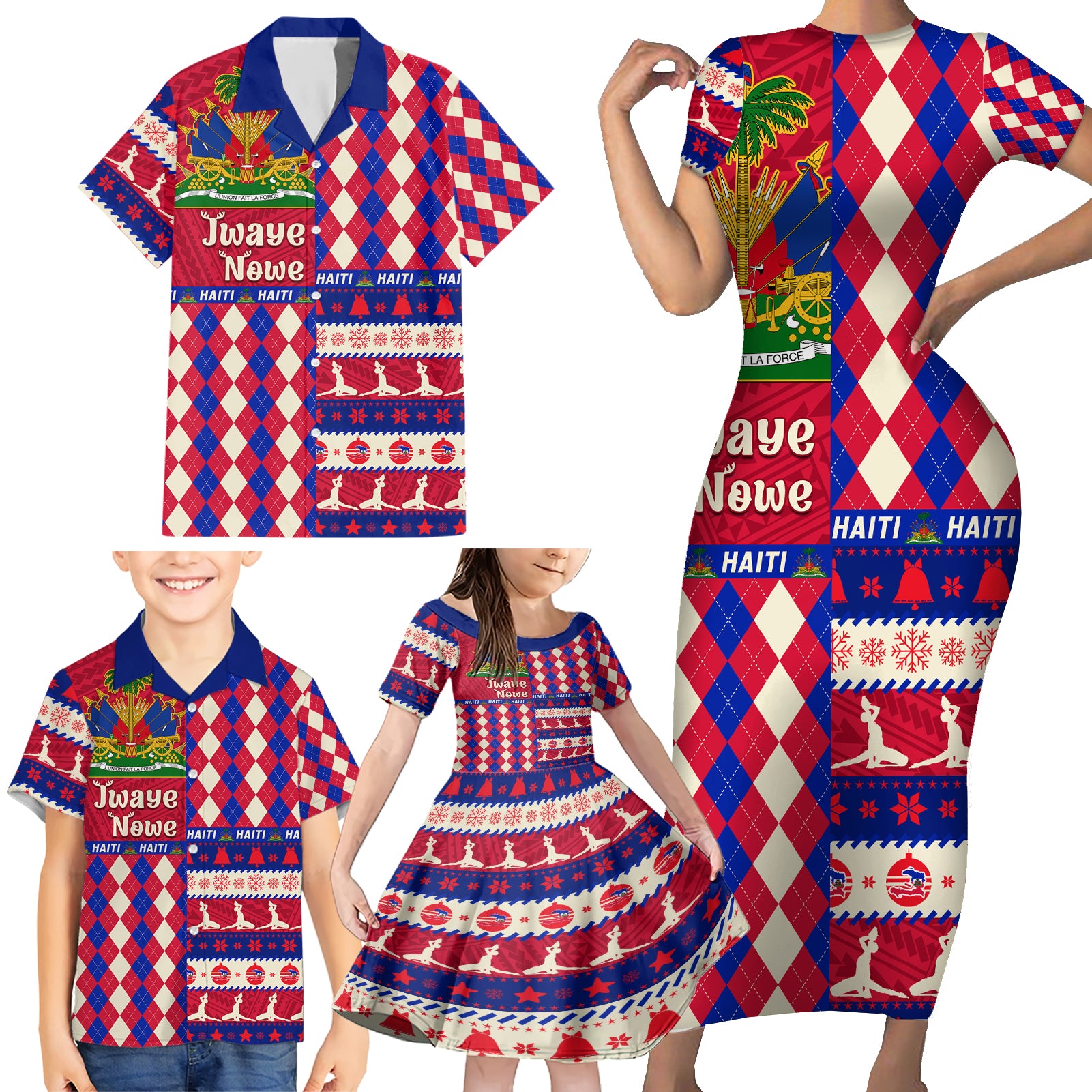 Haiti Christmas Family Matching Short Sleeve Bodycon Dress and Hawaiian Shirt Jwaye Nowe 2023 With Coat Of Arms - Wonder Print Shop