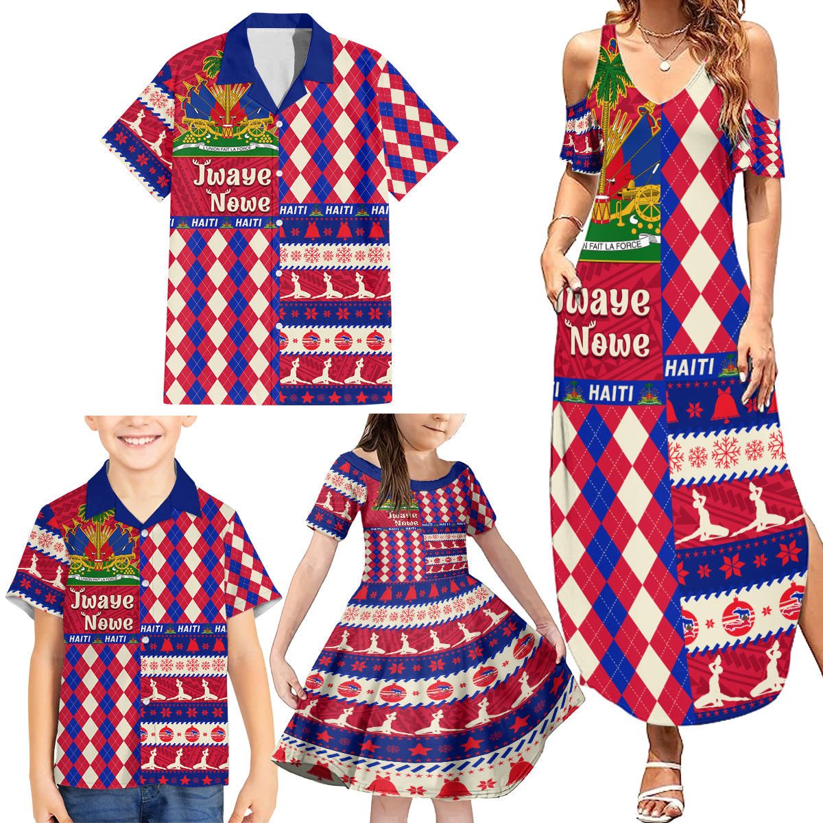 Haiti Christmas Family Matching Summer Maxi Dress and Hawaiian Shirt Jwaye Nowe 2023 With Coat Of Arms - Wonder Print Shop