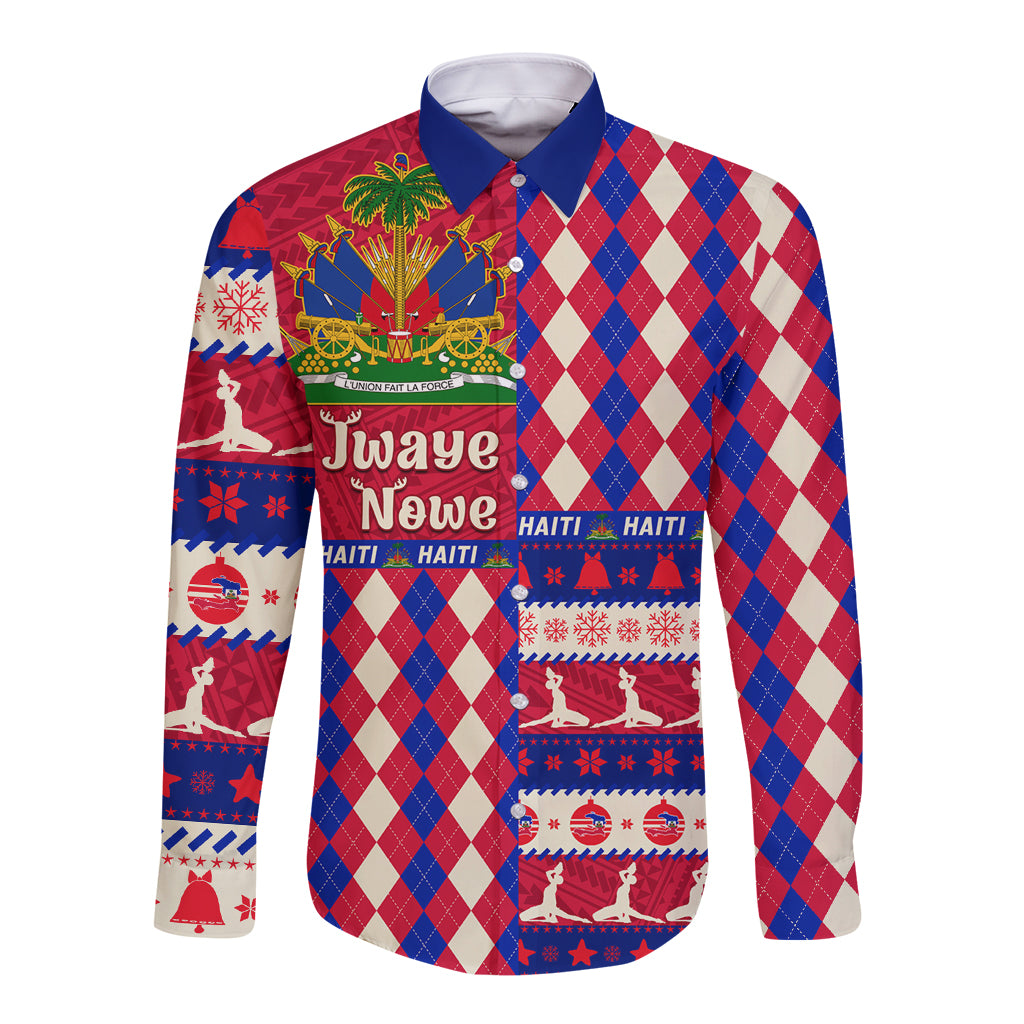 Long-sleeve button shirt with red, blue, and white holiday graphics and crest on front