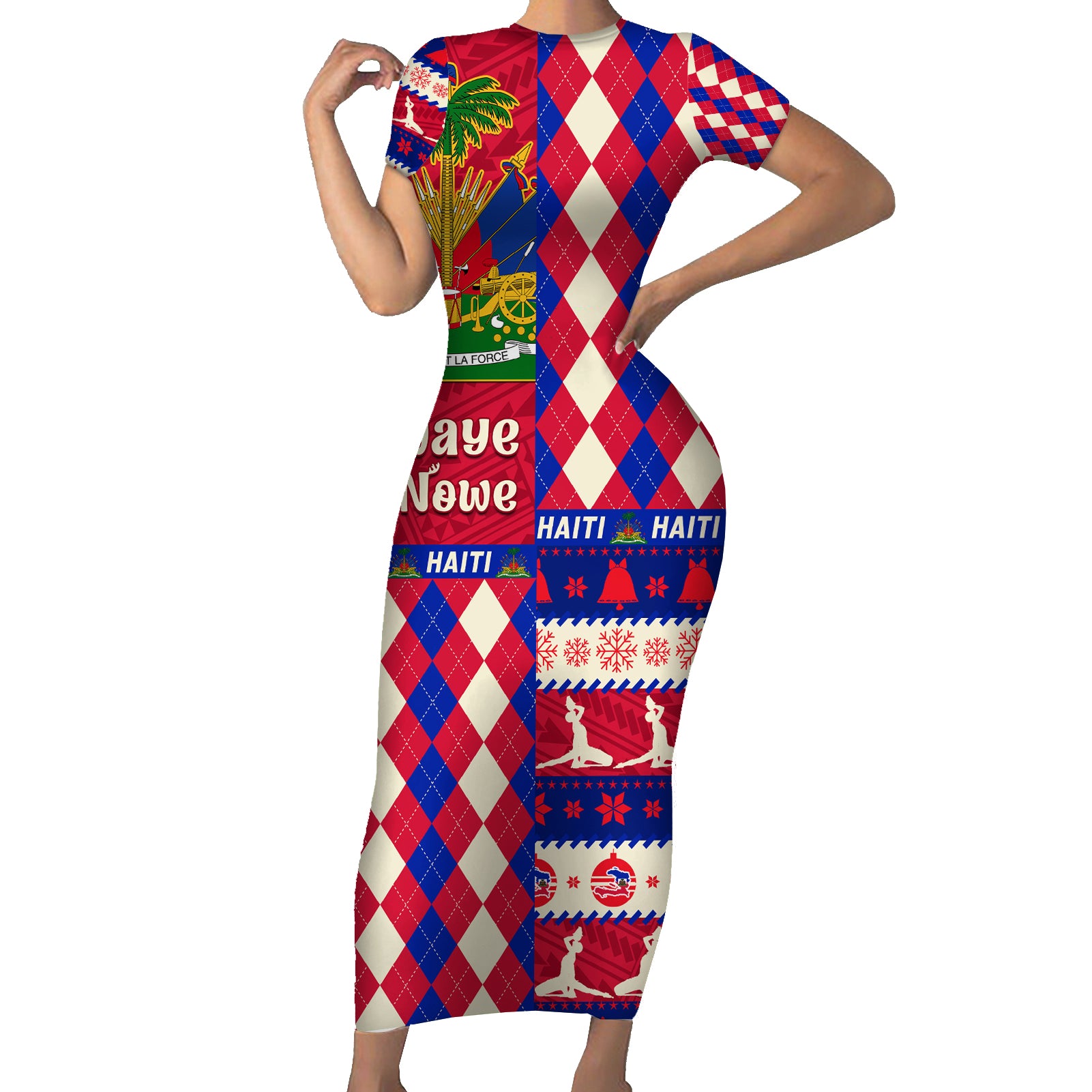 Haiti Christmas Short Sleeve Bodycon Dress Jwaye Nowe 2023 With Coat Of Arms - Wonder Print Shop