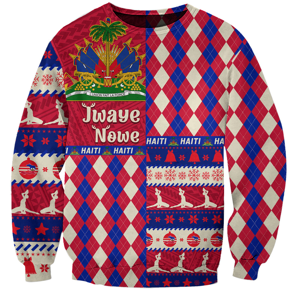 Haiti Christmas sweatshirt with colorful coat of arms and “Jwaye” graphic, red blue cream
