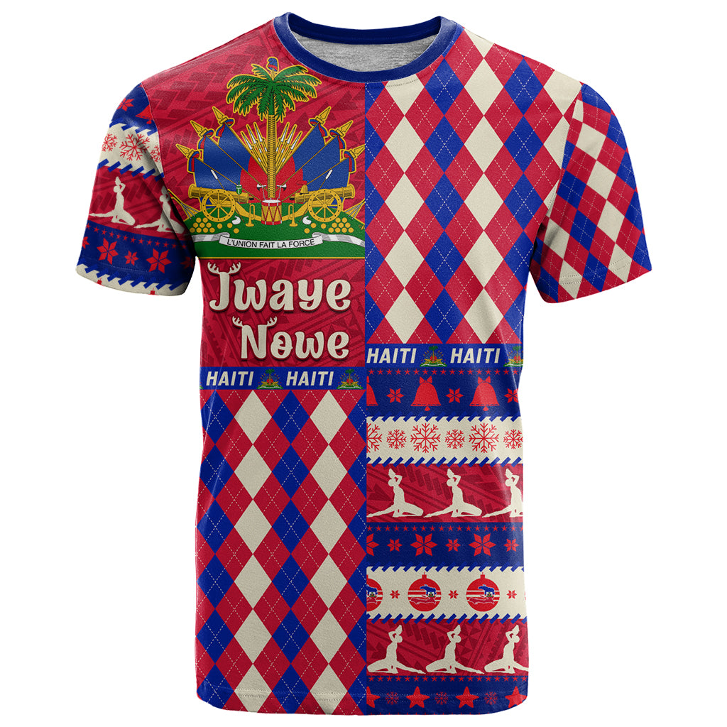 Haiti holiday T-shirt in red, blue, and white with coat of arms and 'Jwaye Nove'