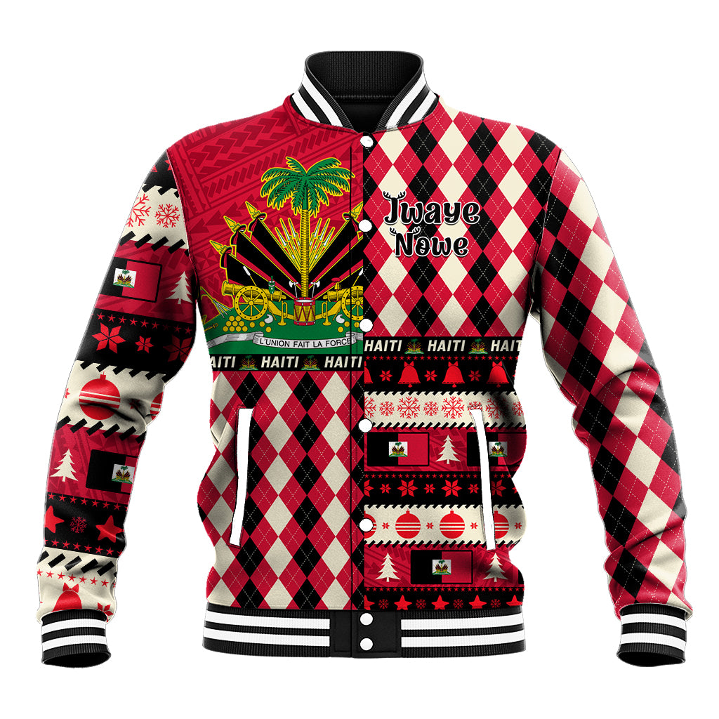 Red plaid Christmas baseball jacket with ribbed collar, cuffs, and front graphic
