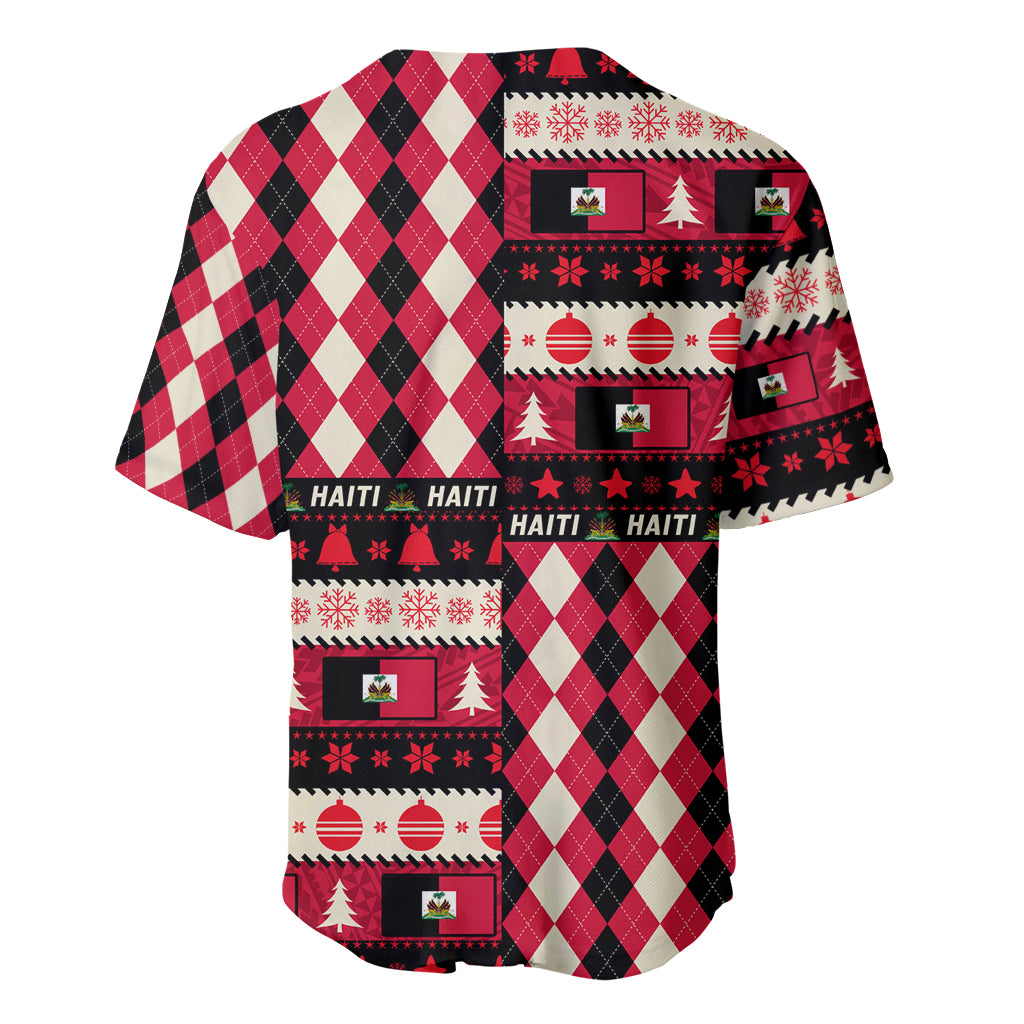Red, black, and white holiday baseball jersey, back view with plaid and tree patterns