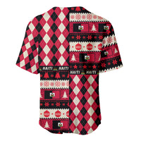 Red, black, and white holiday baseball jersey, back view with plaid and tree patterns