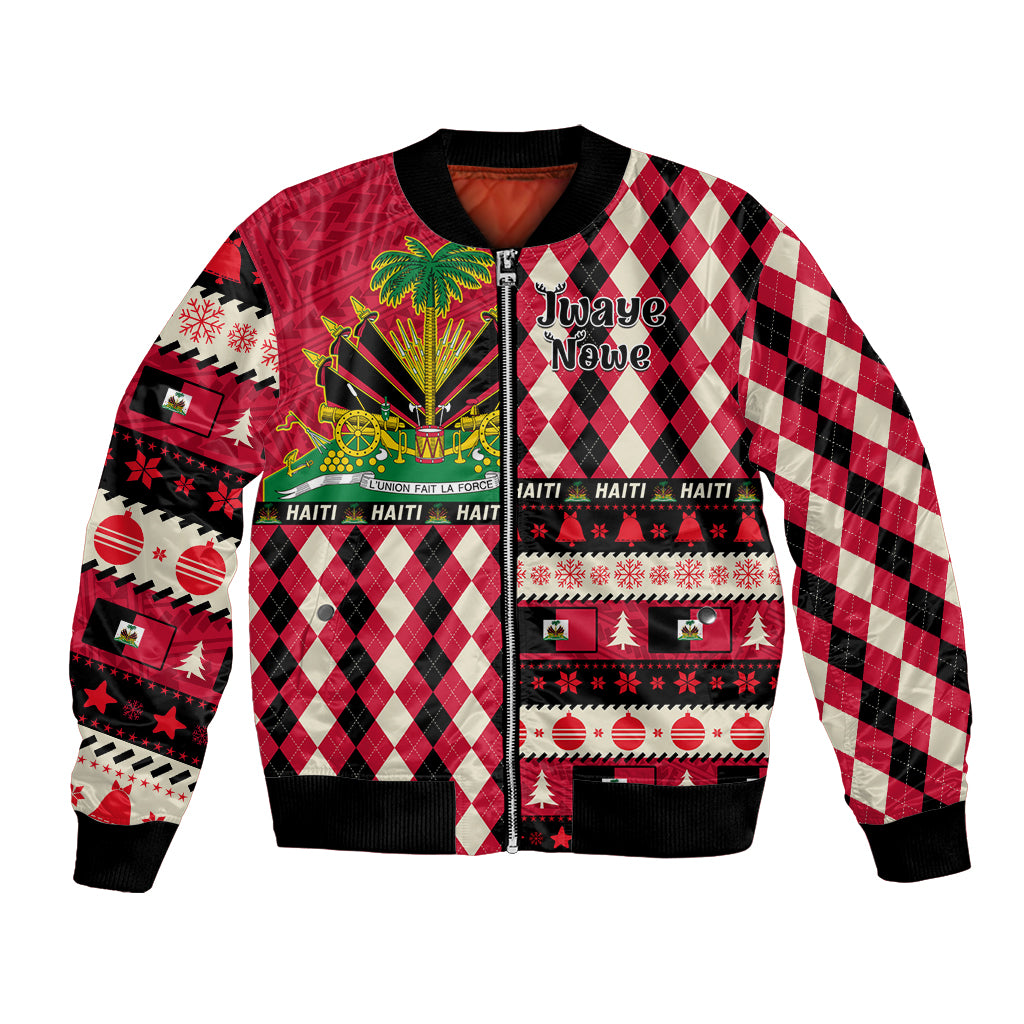 Red and black holiday patchwork bomber jacket with ribbed black collar and cuffs