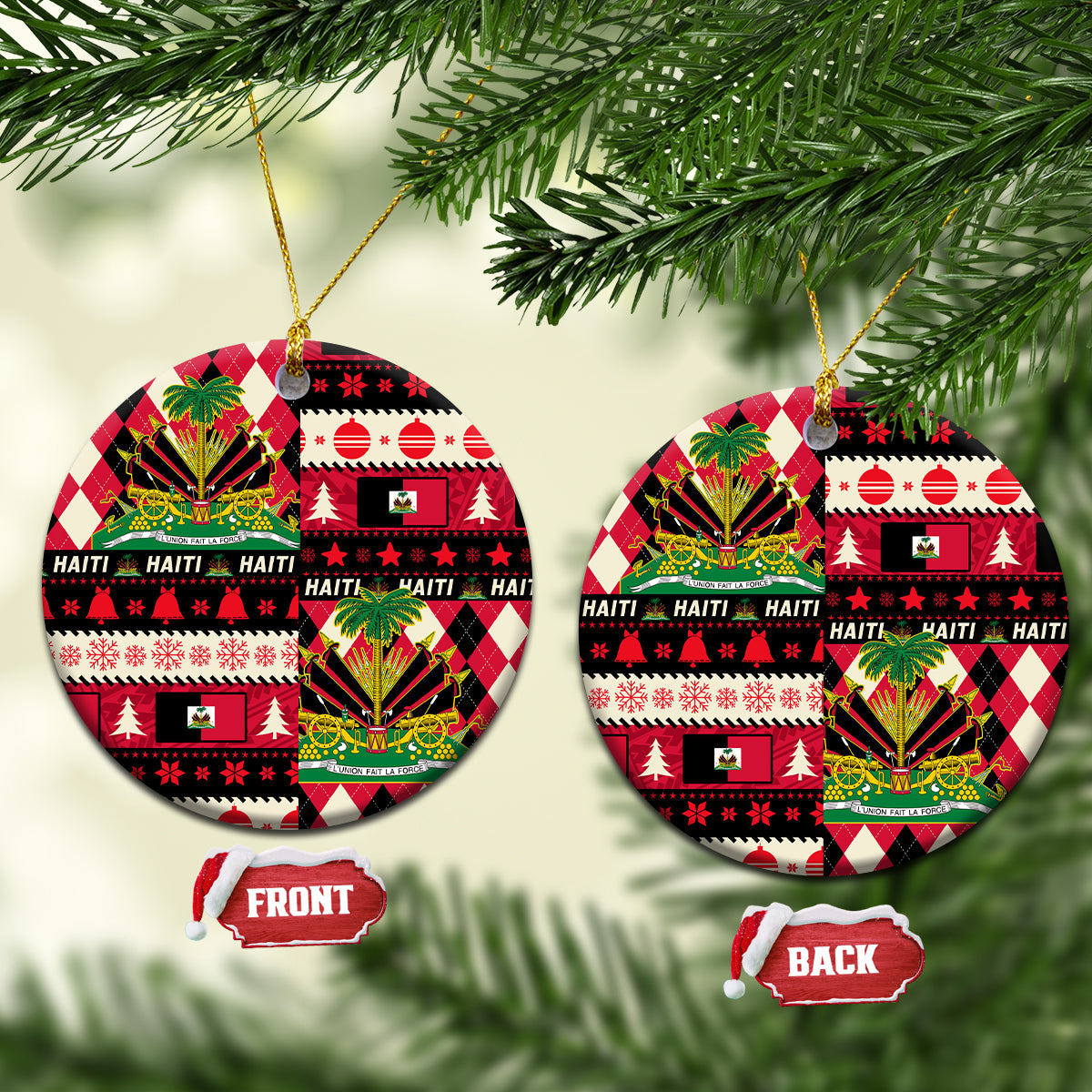 Red patterned round ceramic Christmas ornaments with coat of arms; two-sided, hanging on tree