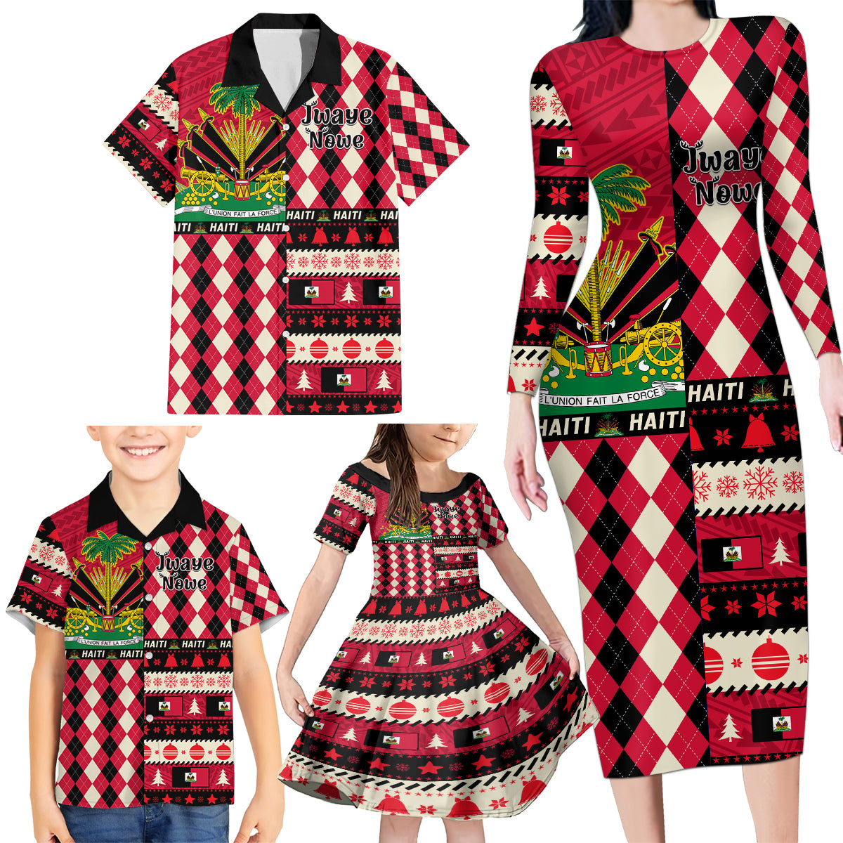 Haiti 1964 Christmas Family Matching Long Sleeve Bodycon Dress and Hawaiian Shirt Jwaye Nowe 2023 With Coat Of Arms - Wonder Print Shop