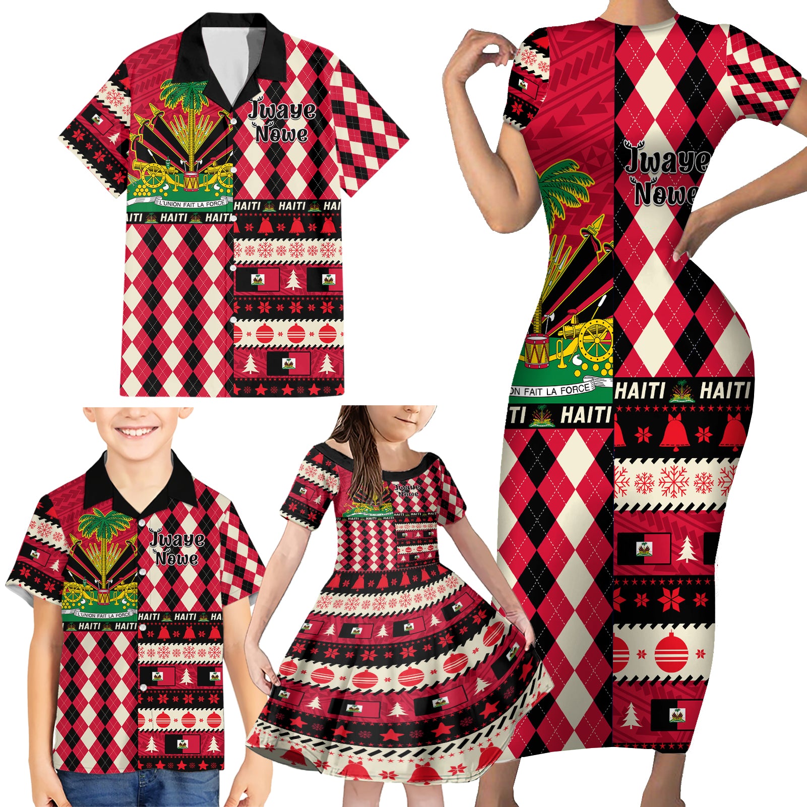 Haiti 1964 Christmas Family Matching Short Sleeve Bodycon Dress and Hawaiian Shirt Jwaye Nowe 2023 With Coat Of Arms - Wonder Print Shop