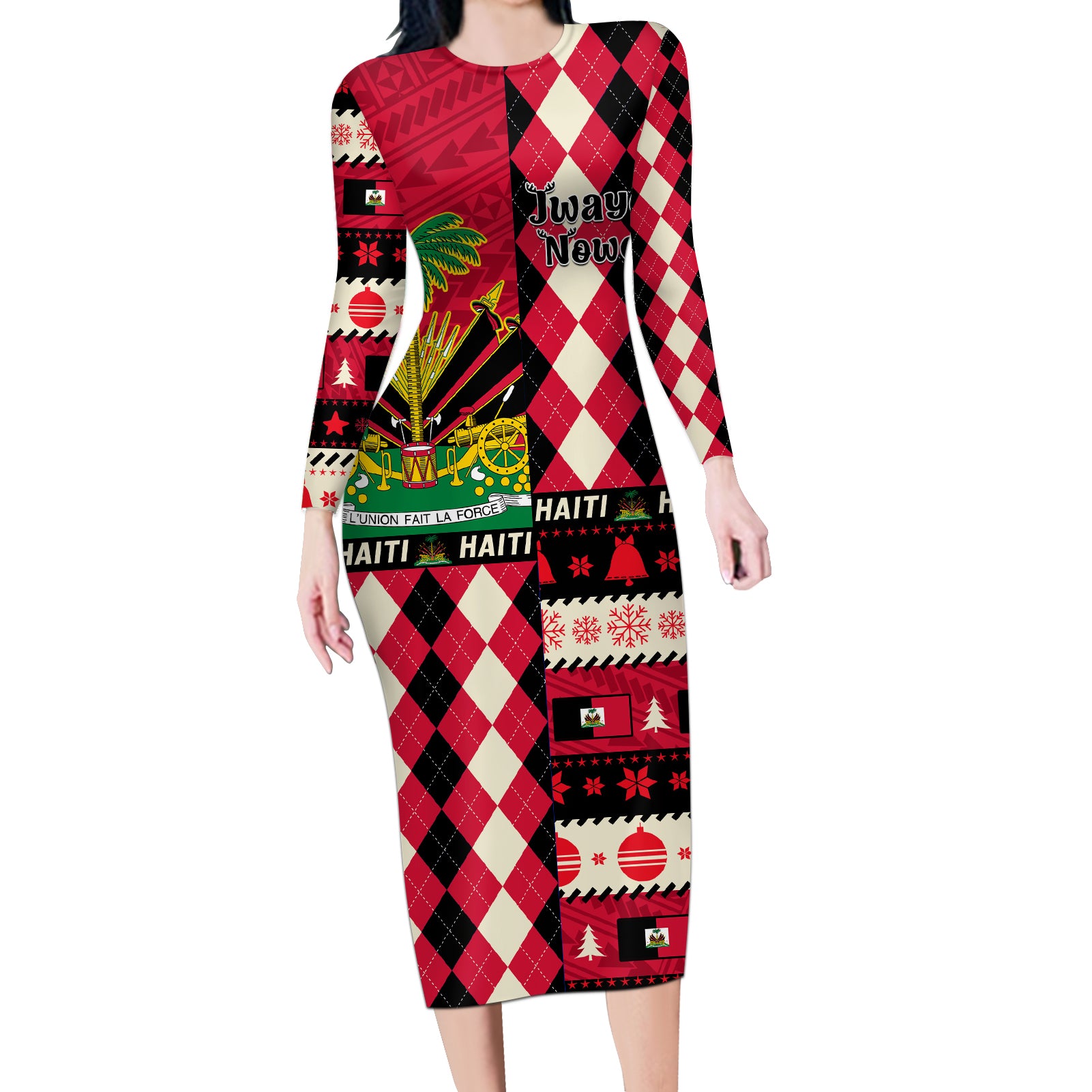 Haiti 1964 Christmas Long Sleeve Bodycon Dress Jwaye Nowe 2023 With Coat Of Arms - Wonder Print Shop