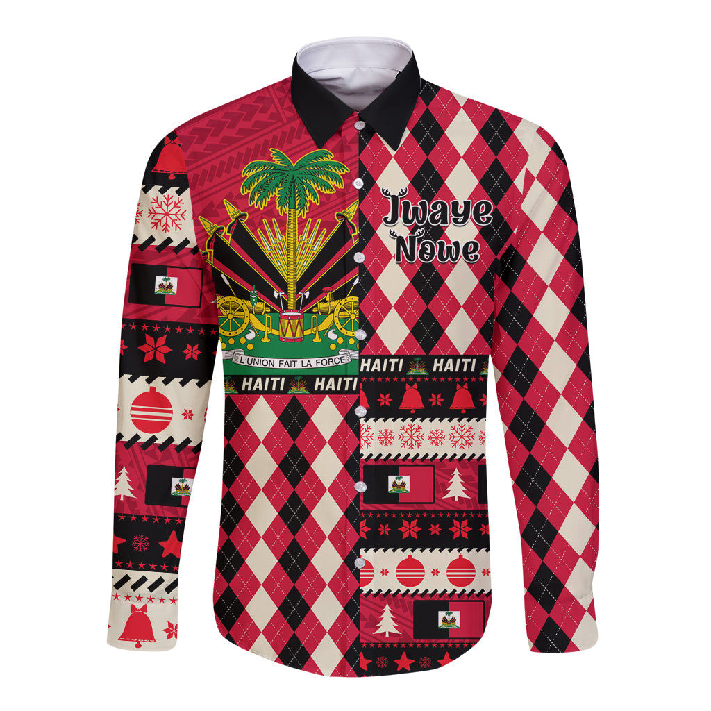 Red long-sleeve button shirt with holiday argyle and crest graphic, front