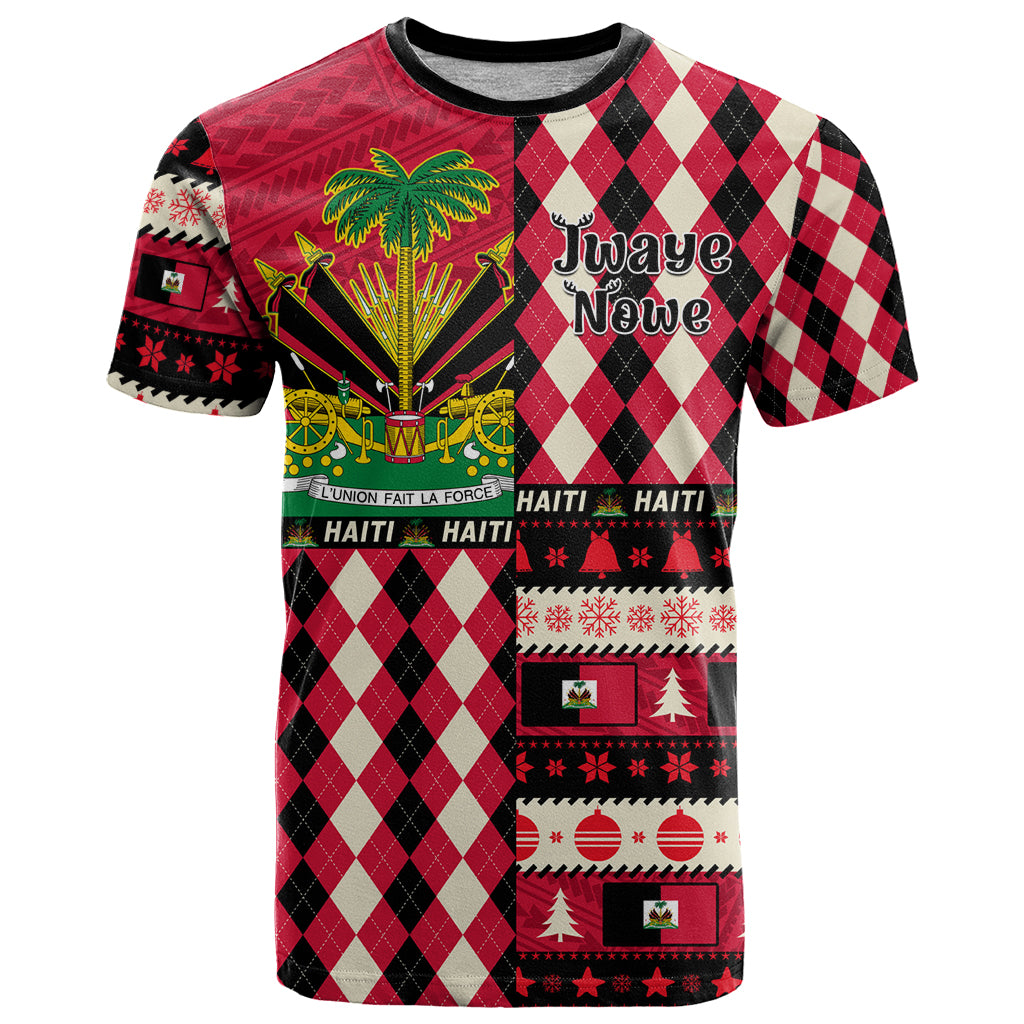 Christmas graphic T-shirt with red, black, and white argyle design and Haiti crest