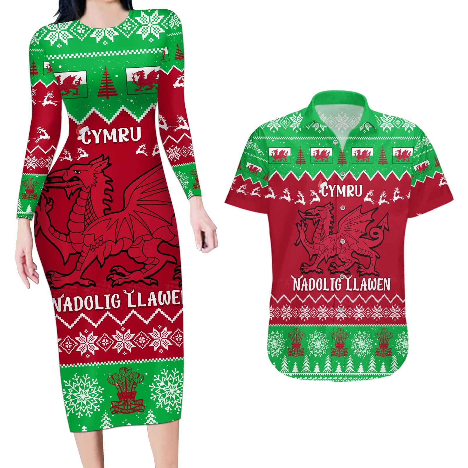 Personalised Wales Christmas Couples Matching Long Sleeve Bodycon Dress and Hawaiian Shirt Nadolig Llawen Cymru Unique Version - Wonder Print Shop