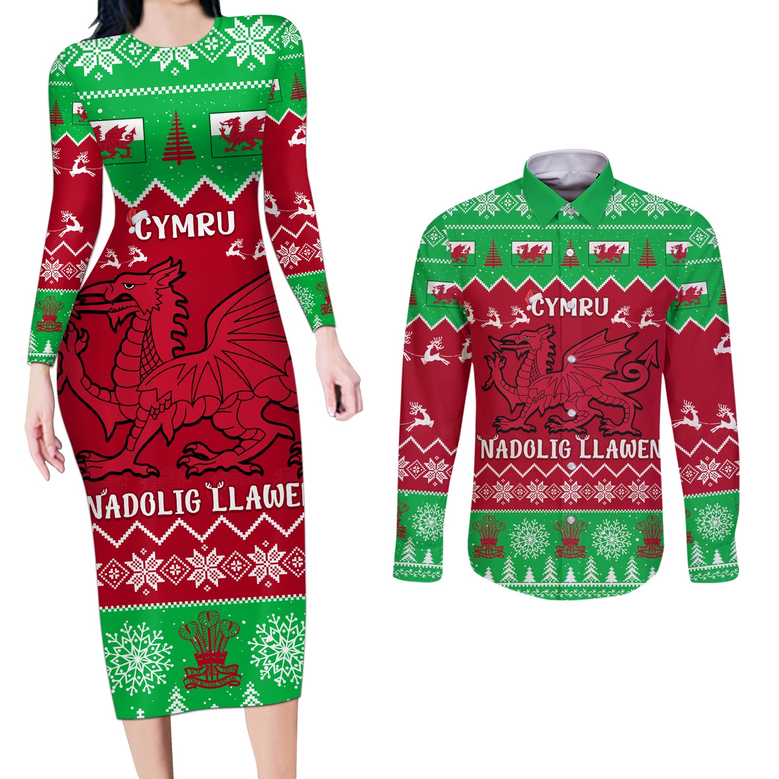 Personalised Wales Christmas Couples Matching Long Sleeve Bodycon Dress and Long Sleeve Button Shirt Nadolig Llawen Cymru Unique Version - Wonder Print Shop