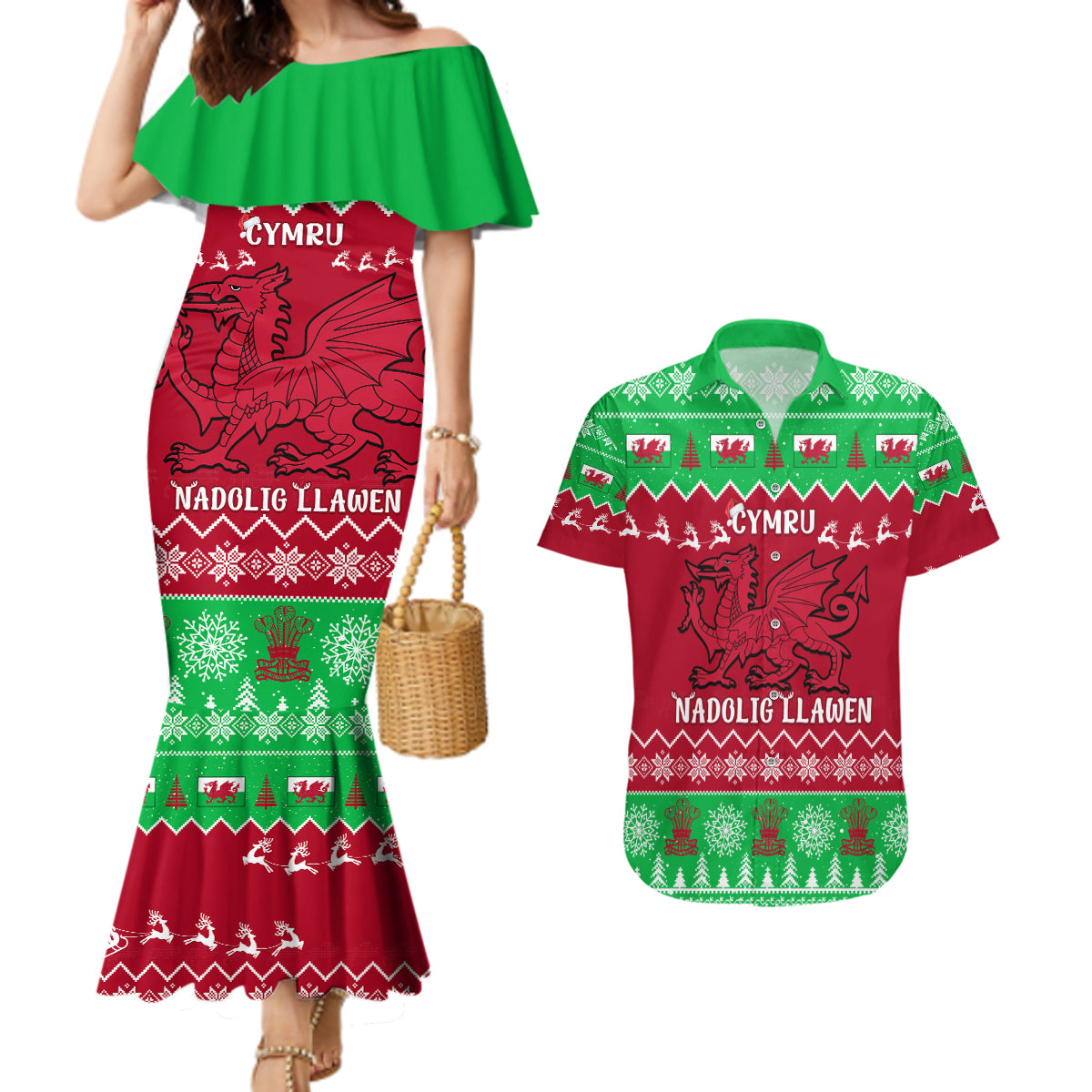 Personalised Wales Christmas Couples Matching Mermaid Dress and Hawaiian Shirt Nadolig Llawen Cymru Unique Version - Wonder Print Shop