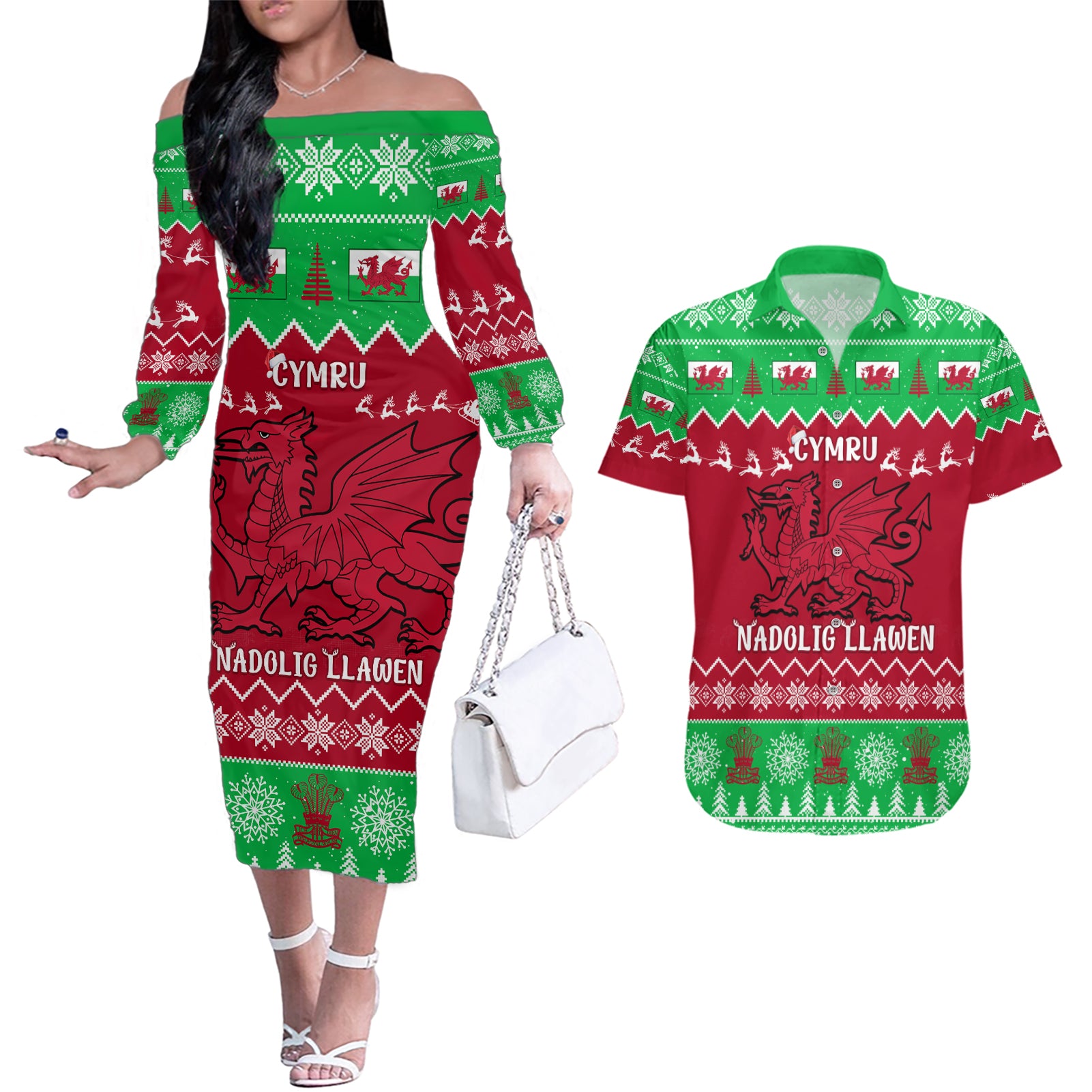 Personalised Wales Christmas Couples Matching Off The Shoulder Long Sleeve Dress and Hawaiian Shirt Nadolig Llawen Cymru Unique Version - Wonder Print Shop