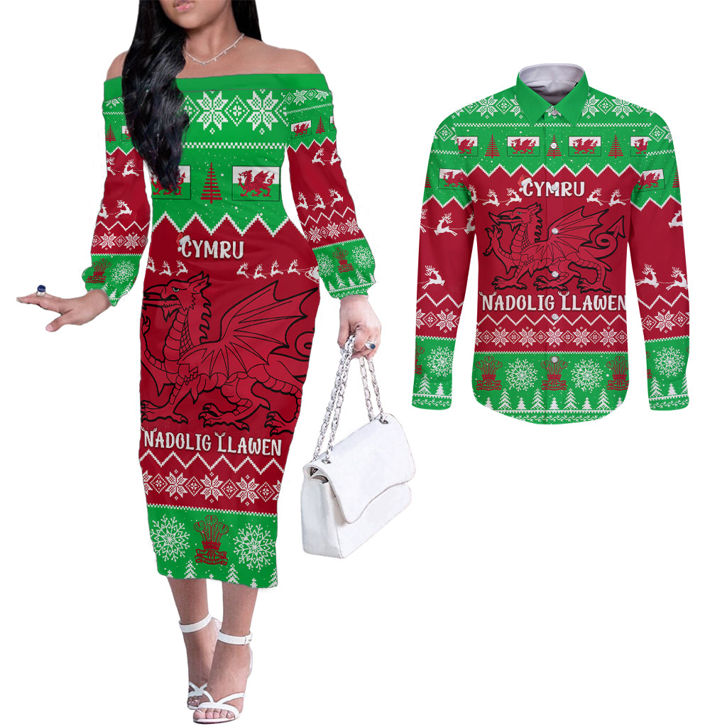 personalised-wales-christmas-couples-matching-off-the-shoulder-long-sleeve-dress-and-long-sleeve-button-shirt-nadolig-llawen-cymru-unique-version