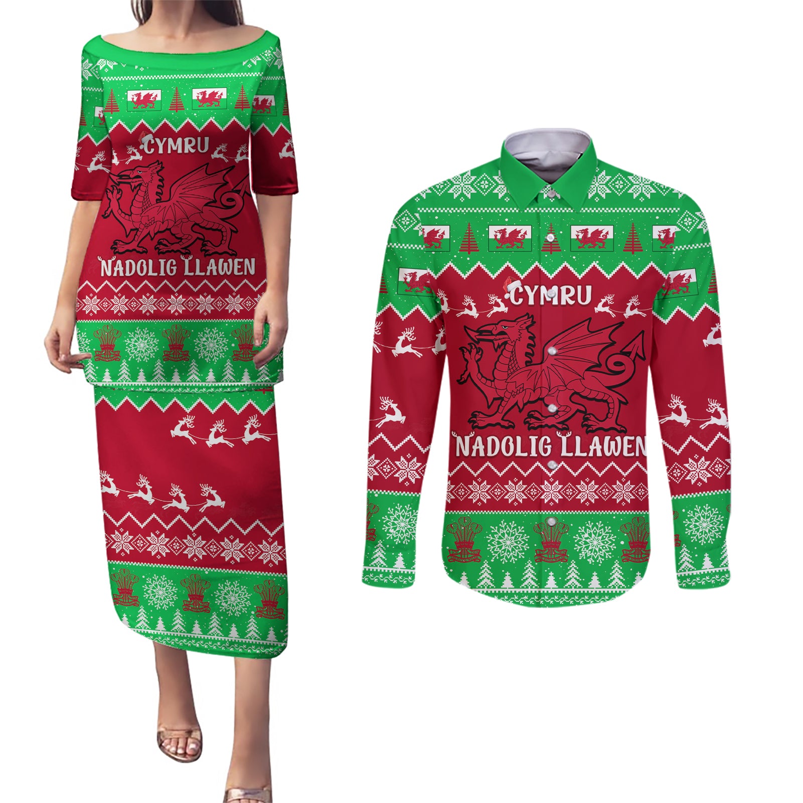 Personalised Wales Christmas Couples Matching Puletasi Dress and Long Sleeve Button Shirt Nadolig Llawen Cymru Unique Version - Wonder Print Shop