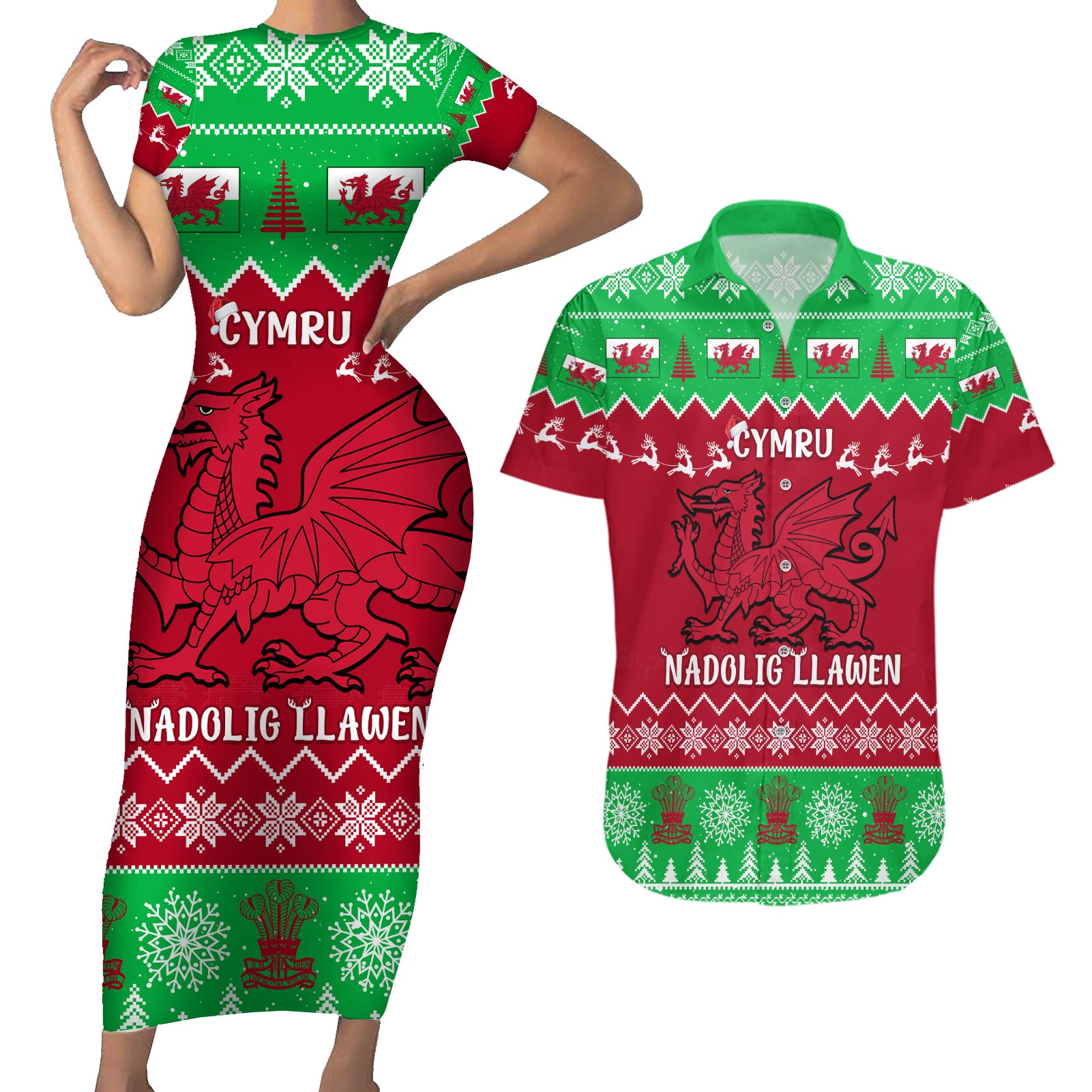 Personalised Wales Christmas Couples Matching Short Sleeve Bodycon Dress and Hawaiian Shirt Nadolig Llawen Cymru Unique Version - Wonder Print Shop