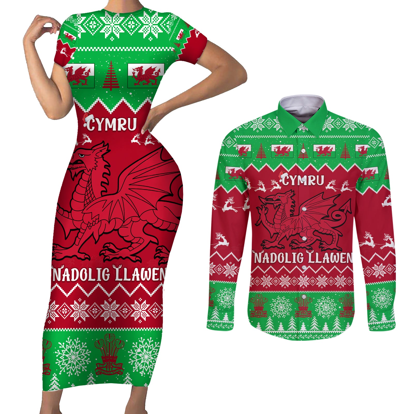 Personalised Wales Christmas Couples Matching Short Sleeve Bodycon Dress and Long Sleeve Button Shirt Nadolig Llawen Cymru Unique Version - Wonder Print Shop