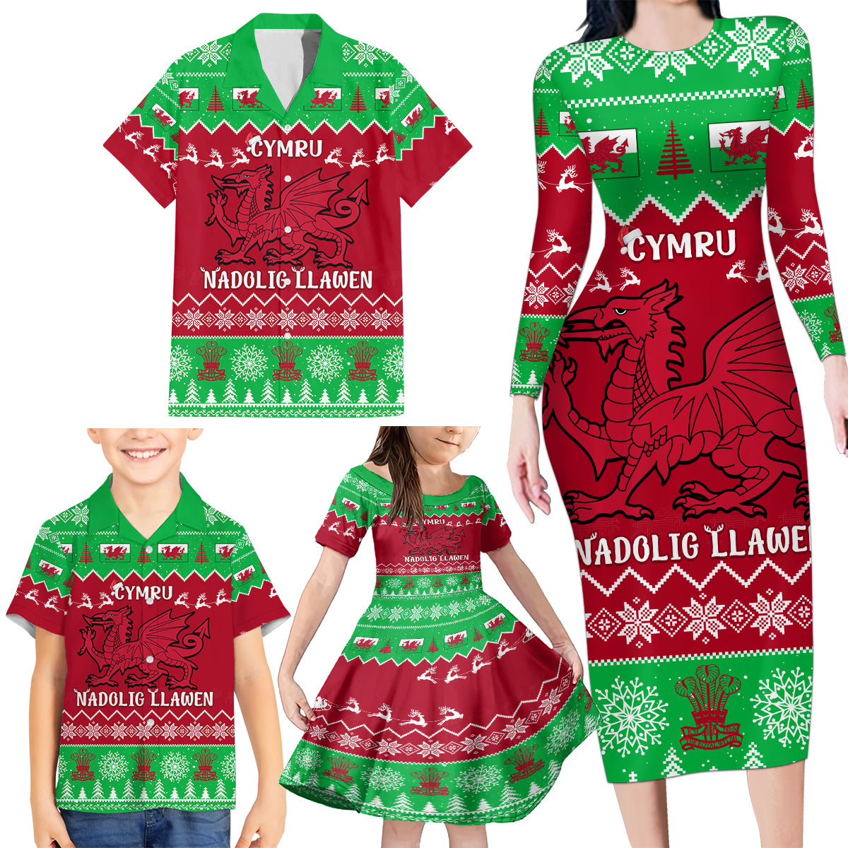 Personalised Wales Christmas Family Matching Long Sleeve Bodycon Dress and Hawaiian Shirt Nadolig Llawen Cymru Unique Version - Wonder Print Shop