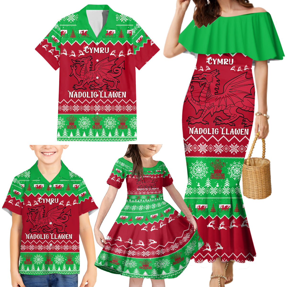 Personalised Wales Christmas Family Matching Mermaid Dress and Hawaiian Shirt Nadolig Llawen Cymru Unique Version - Wonder Print Shop