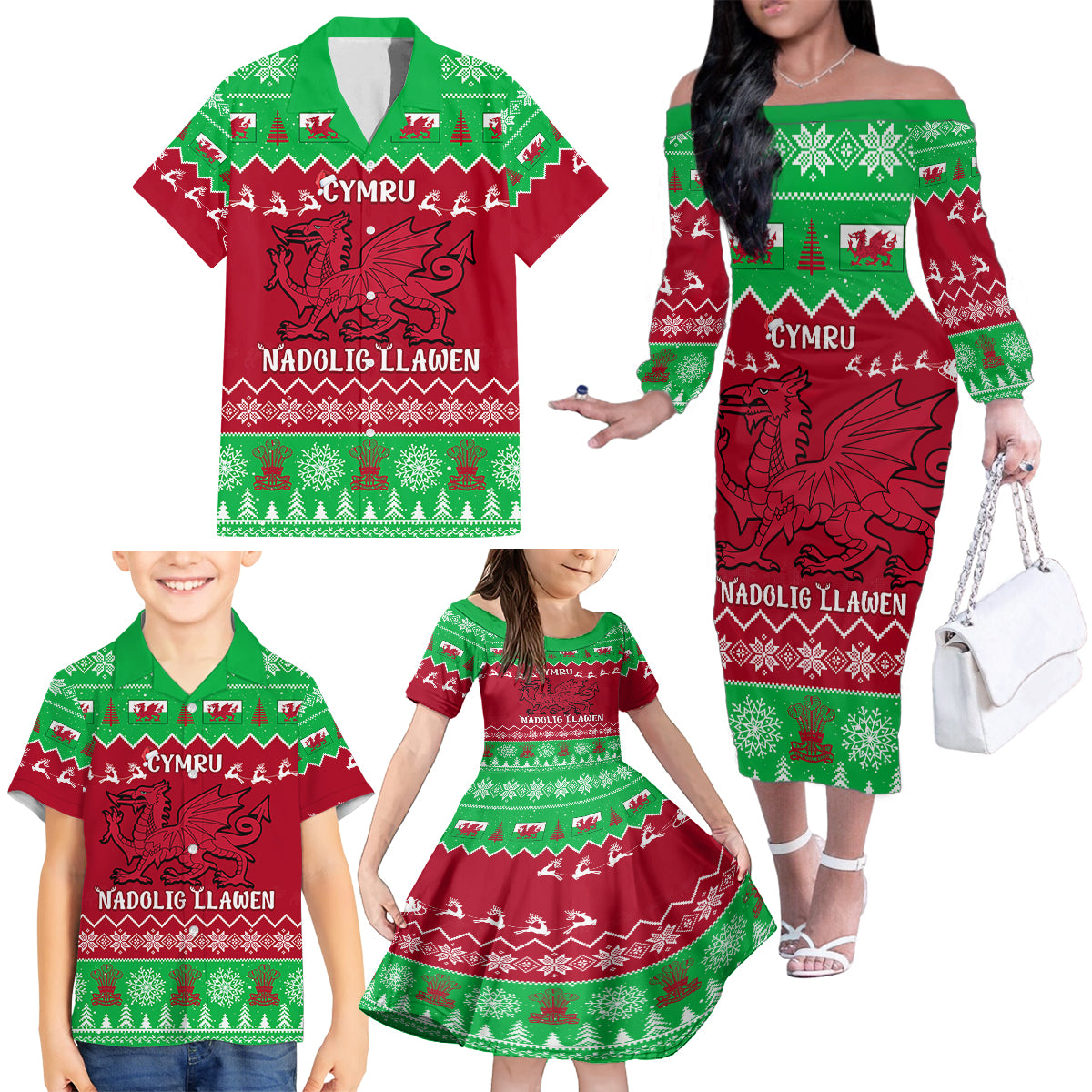 Personalised Wales Christmas Family Matching Off Shoulder Long Sleeve Dress and Hawaiian Shirt Nadolig Llawen Cymru Unique Version - Wonder Print Shop