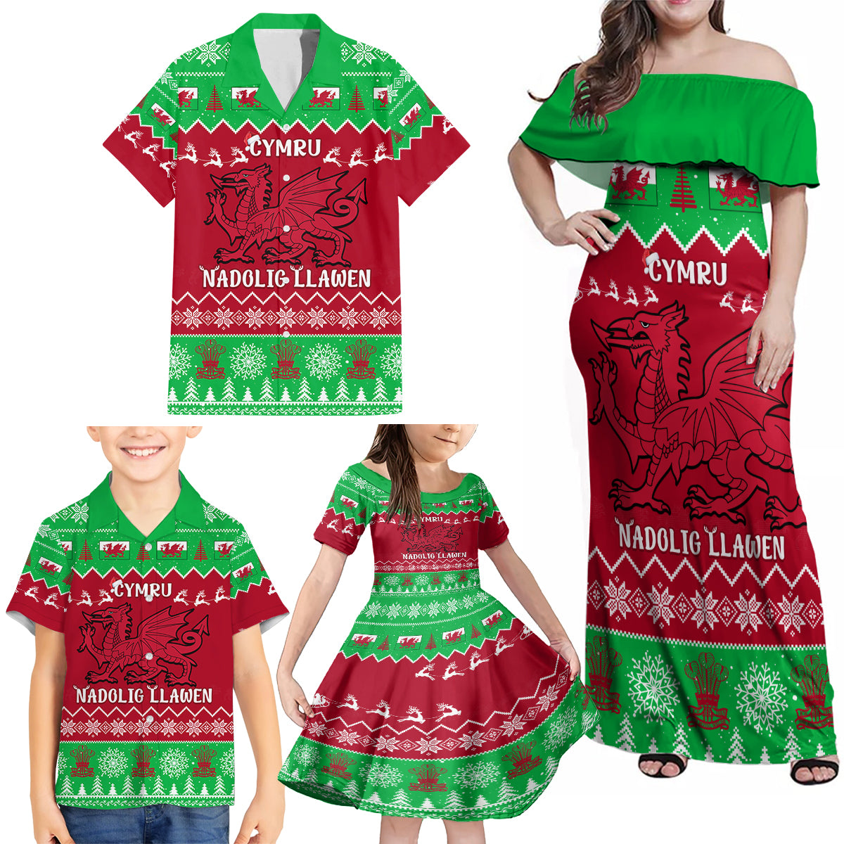 Personalised Wales Christmas Family Matching Off Shoulder Maxi Dress and Hawaiian Shirt Nadolig Llawen Cymru Unique Version - Wonder Print Shop