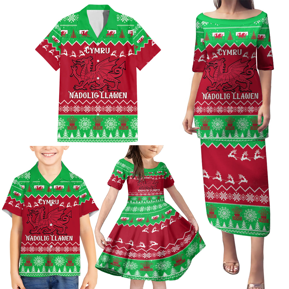 Personalised Wales Christmas Family Matching Puletasi Dress and Hawaiian Shirt Nadolig Llawen Cymru Unique Version - Wonder Print Shop