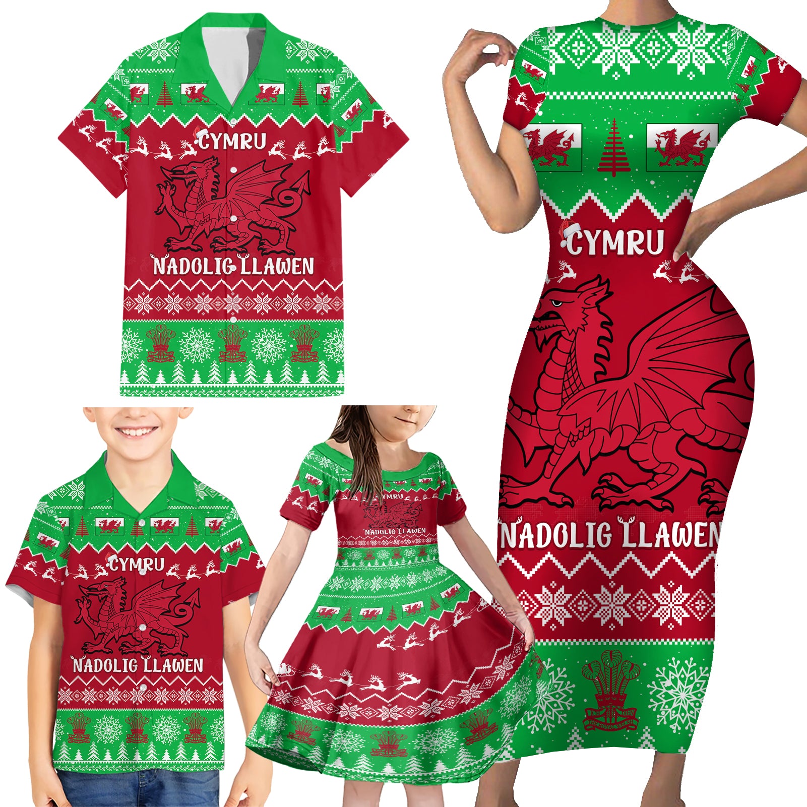 Personalised Wales Christmas Family Matching Short Sleeve Bodycon Dress and Hawaiian Shirt Nadolig Llawen Cymru Unique Version - Wonder Print Shop