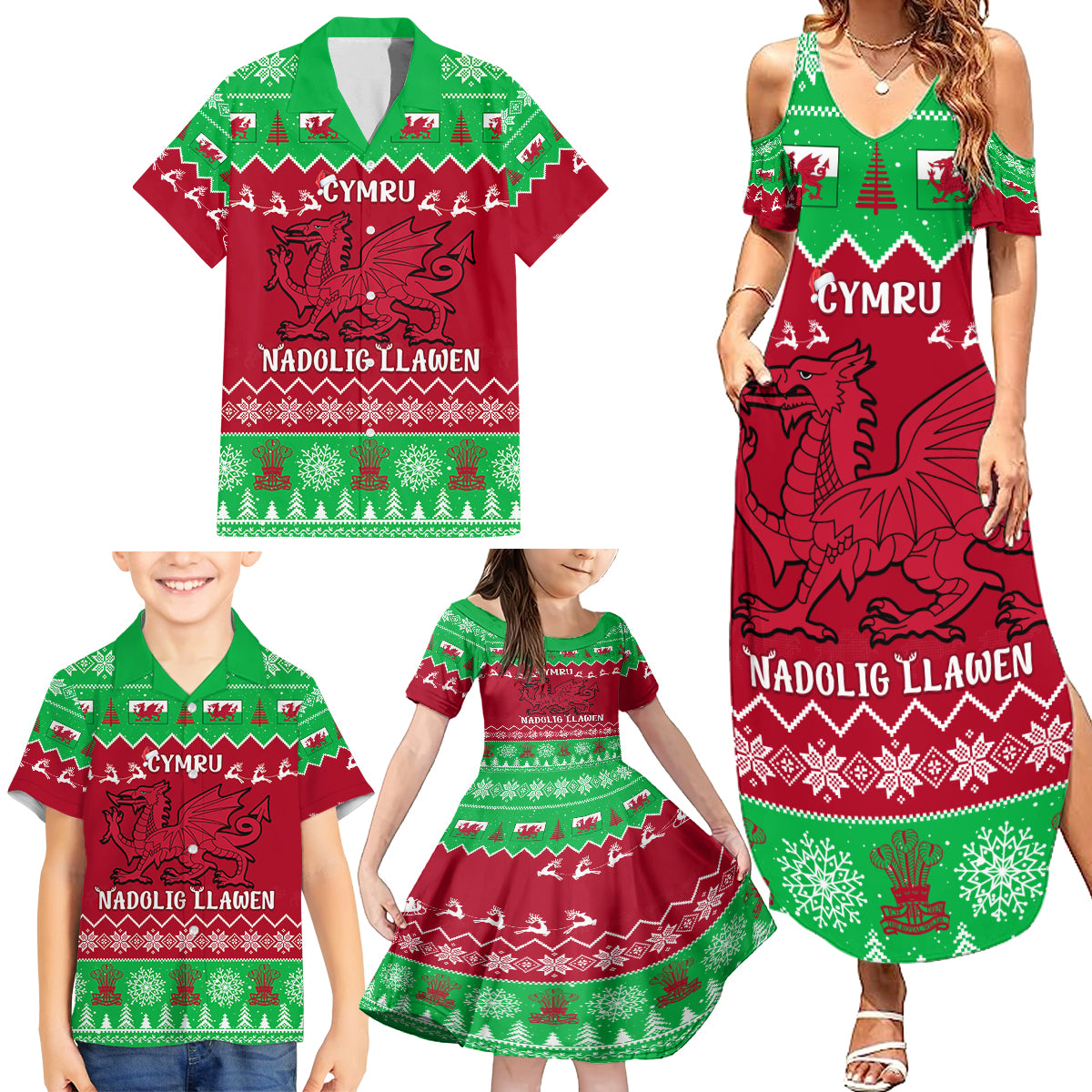 Personalised Wales Christmas Family Matching Summer Maxi Dress and Hawaiian Shirt Nadolig Llawen Cymru Unique Version - Wonder Print Shop