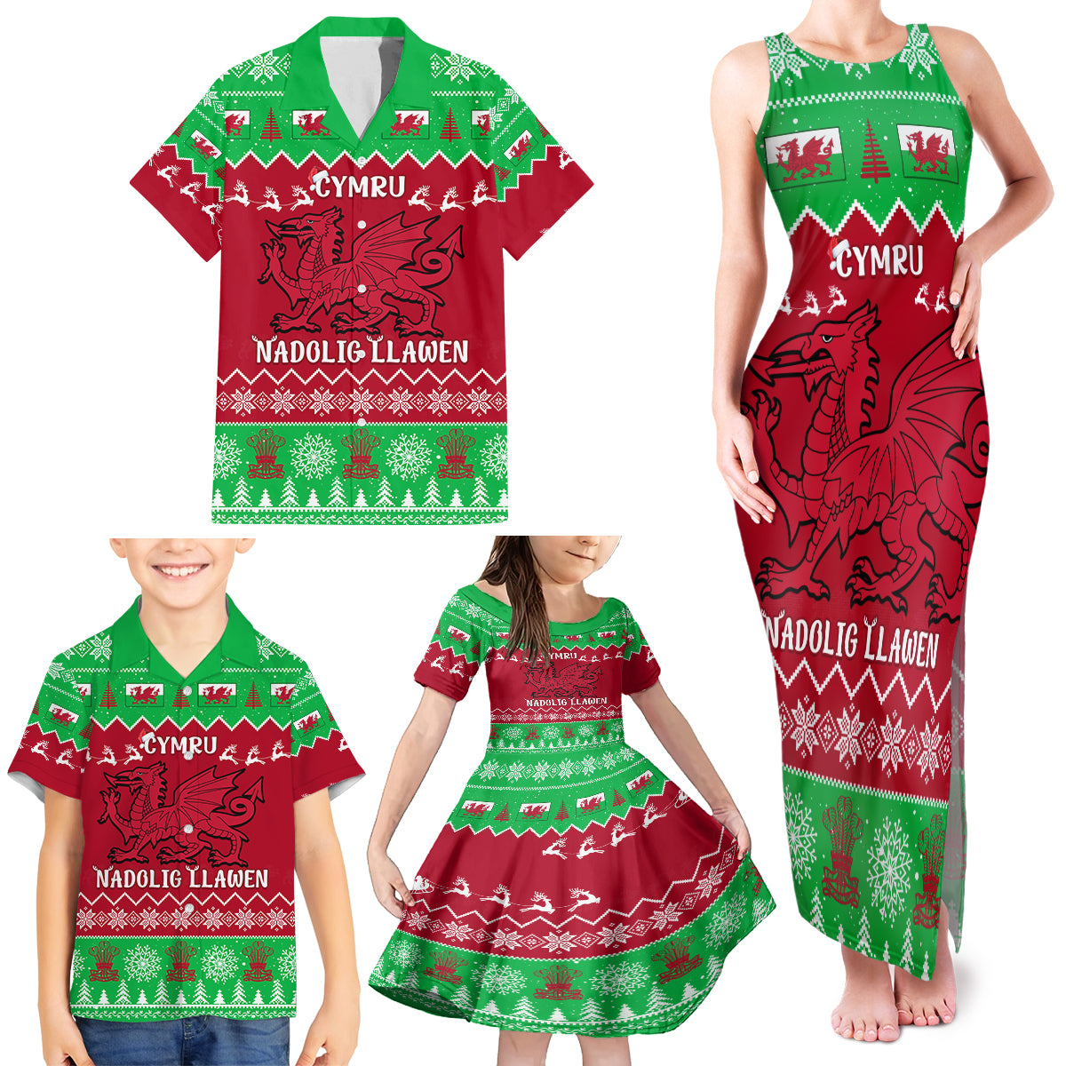 Personalised Wales Christmas Family Matching Tank Maxi Dress and Hawaiian Shirt Nadolig Llawen Cymru Unique Version - Wonder Print Shop