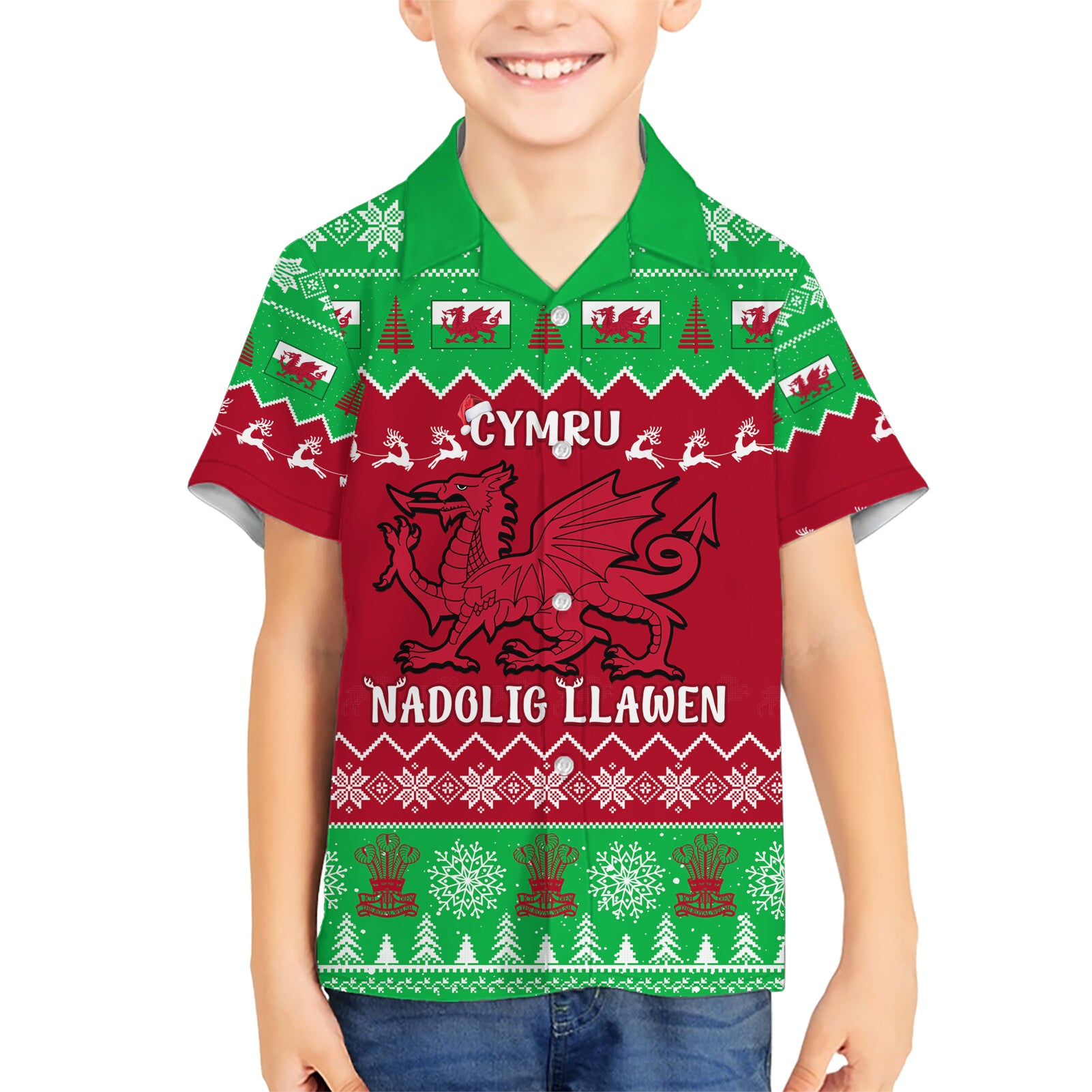 Personalised Wales Christmas Kid Hawaiian Shirt Nadolig Llawen Cymru Unique Version - Wonder Print Shop