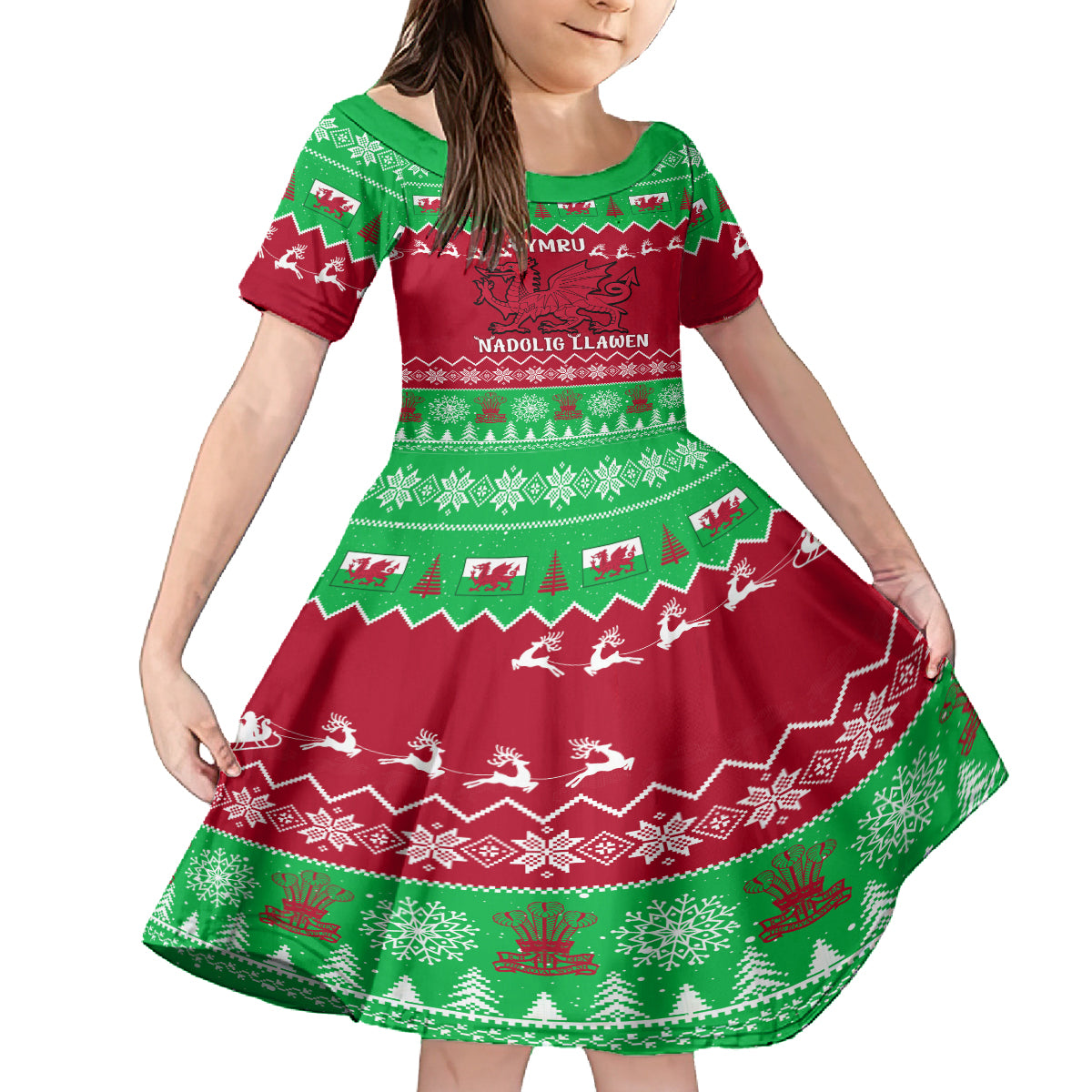 Personalised Wales Christmas Kid Short Sleeve Dress Nadolig Llawen Cymru Unique Version - Wonder Print Shop